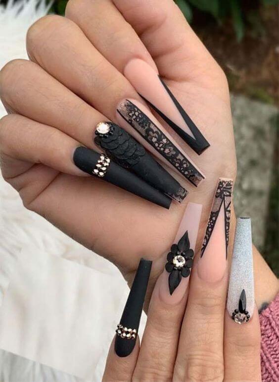 Black Coffin Nails Rhinestones