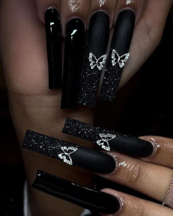 Black Coffin Nails With Glitter