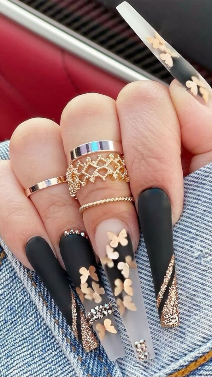 Black And Gold Coffin Nails