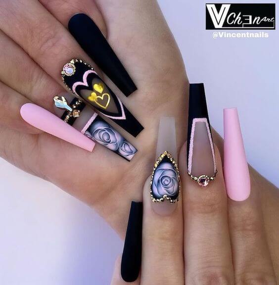 Black And Pink Coffin Nails