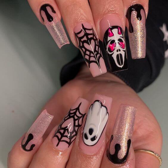 Pink Halloween Nails With Glitter