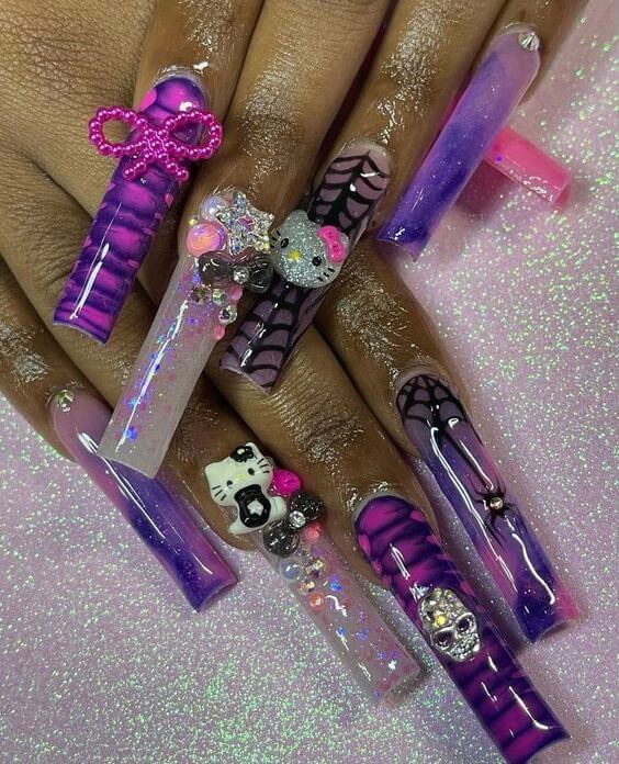 Pink Halloween Nails With Rhinestones