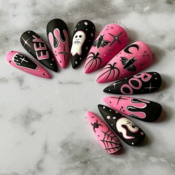 Pink And Black Halloween Nails