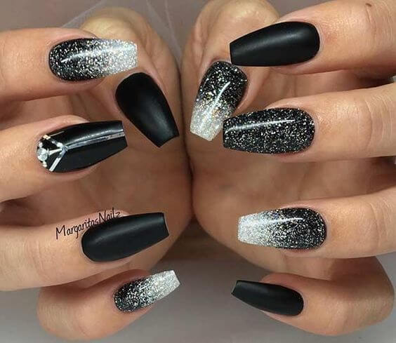Silver and Black Nails Coffin Nails 
