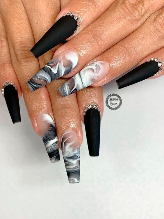 White And Black Coffin Nails With Rhinestones 