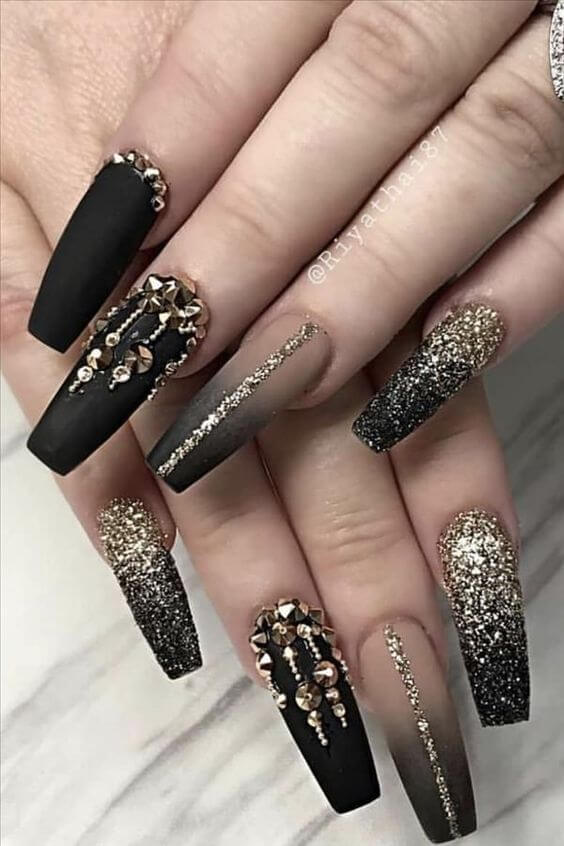 Black Coffin Nails With Rhinestones 