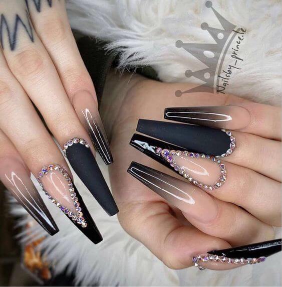 Long Matte Black Coffin Nails With A Clear Top 