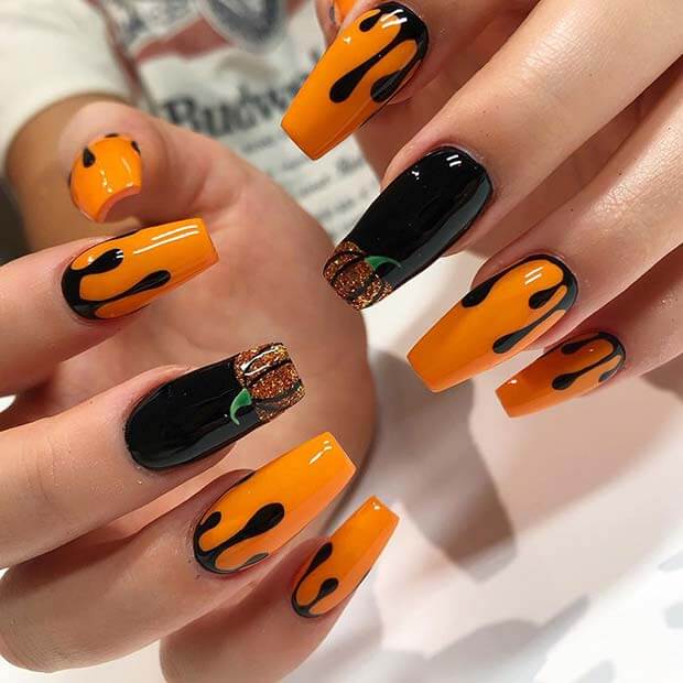 Black And Orange Halloween Acrylic Nails