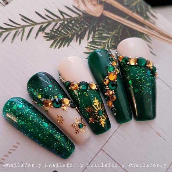 Emerald Green Nails With Gold