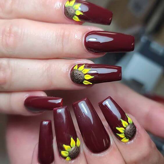 #8 Burgundy Sunflower Nails