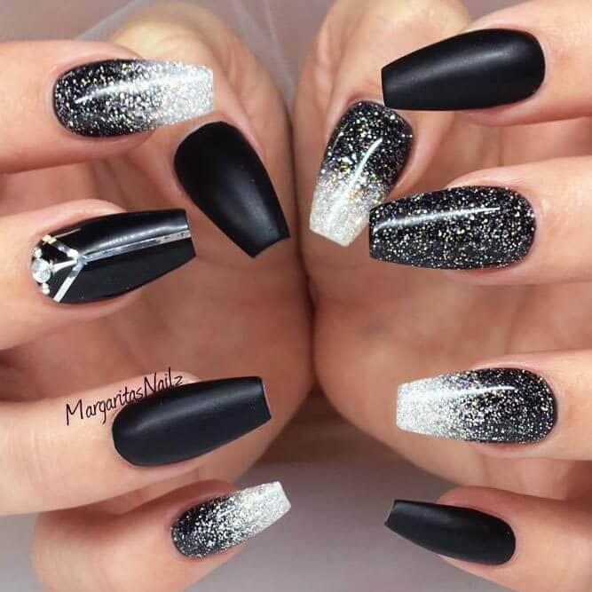 Galaxy-Inspired Black And White Spattered Nails