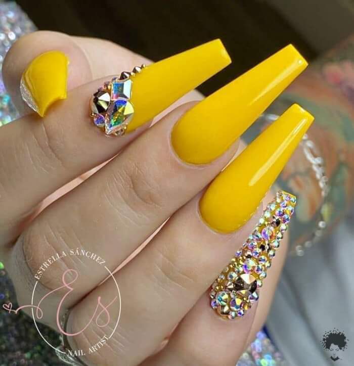 Rhinestone yellow nail design