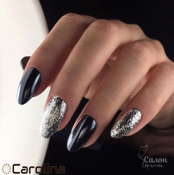 Black And Silver Almond Nails