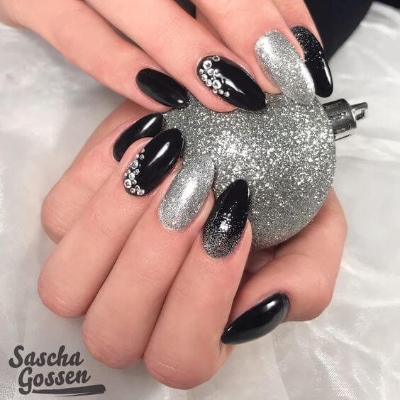 Sparkly Black Almond Nails