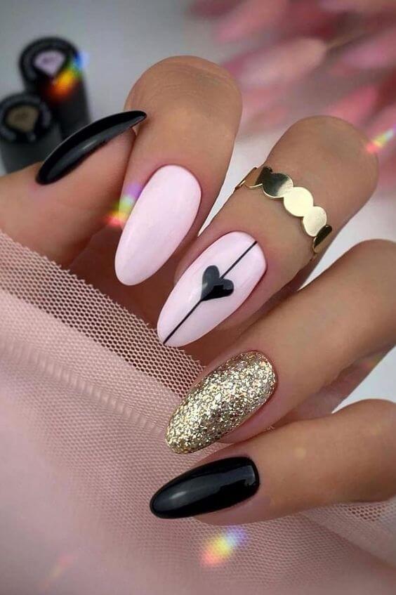 Black And Pink Almond Nails