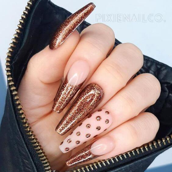 Brown Coffin Nails With Glitter