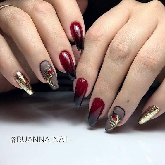 Red And Gold Nails Short