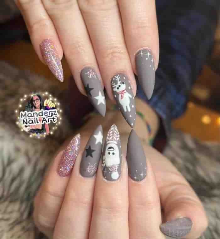 Grey Stiletto Manicure With Glitter