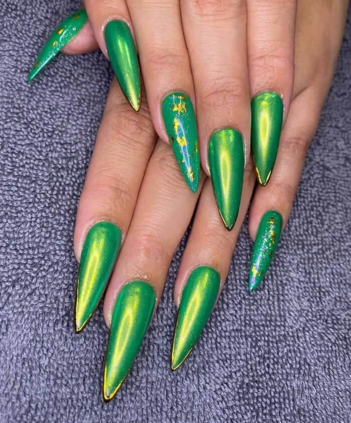 Long Almond Green Holographic Nails