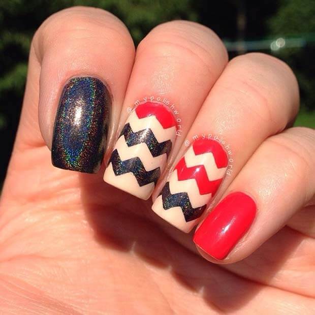 Red And Black Chevron Nail Art