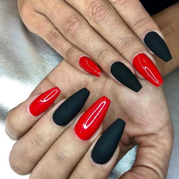 Glossy And Matte Red And Black Nails