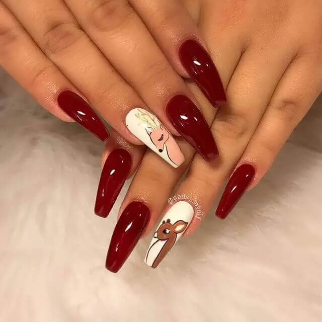 Adorable Christmas Red and Reindeer Short Burgundy Nails