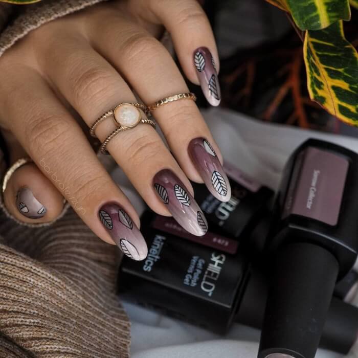 Espresso Brown Nails with Foliage Details