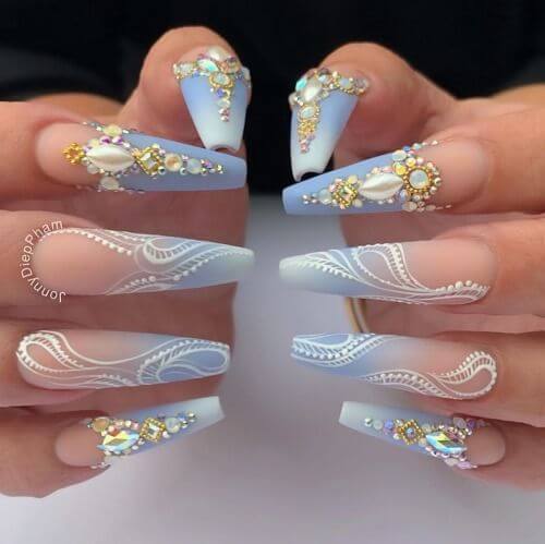 Blue Nails With Rhinestones
