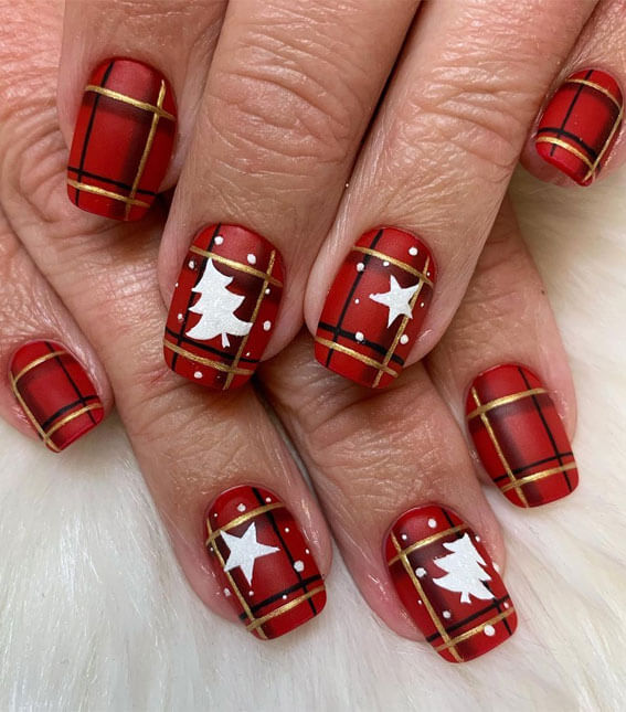 White Christmas Tree on Red Tartan Christmas Nails