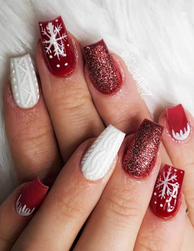 White, Red, and Sweater Christmas Nails