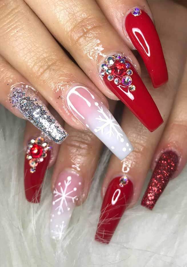 Mismatched Red, Silver, and Ombre Pink Christmas Nails