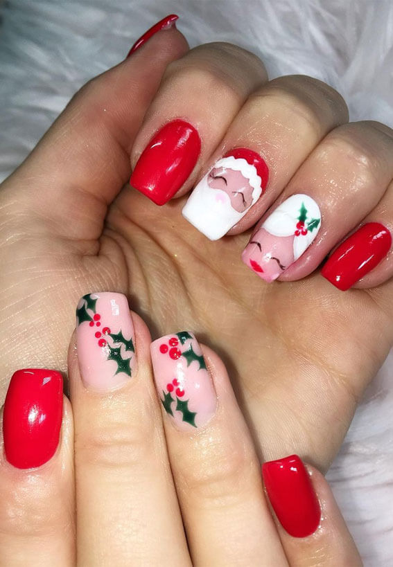 Santa and Holly Red Christmas Nails