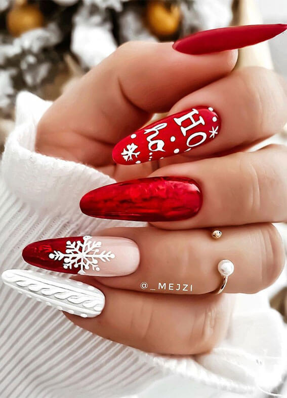 Mismatched Red and White Sweater Christmas Nails