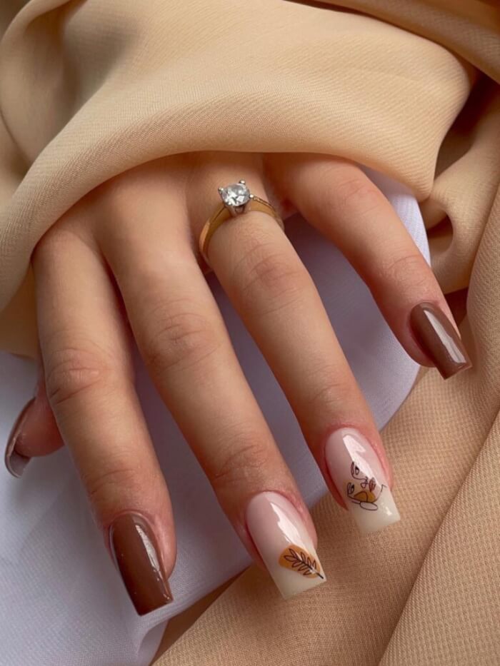 Brown Square Nail Designs With Face Line Accent 
