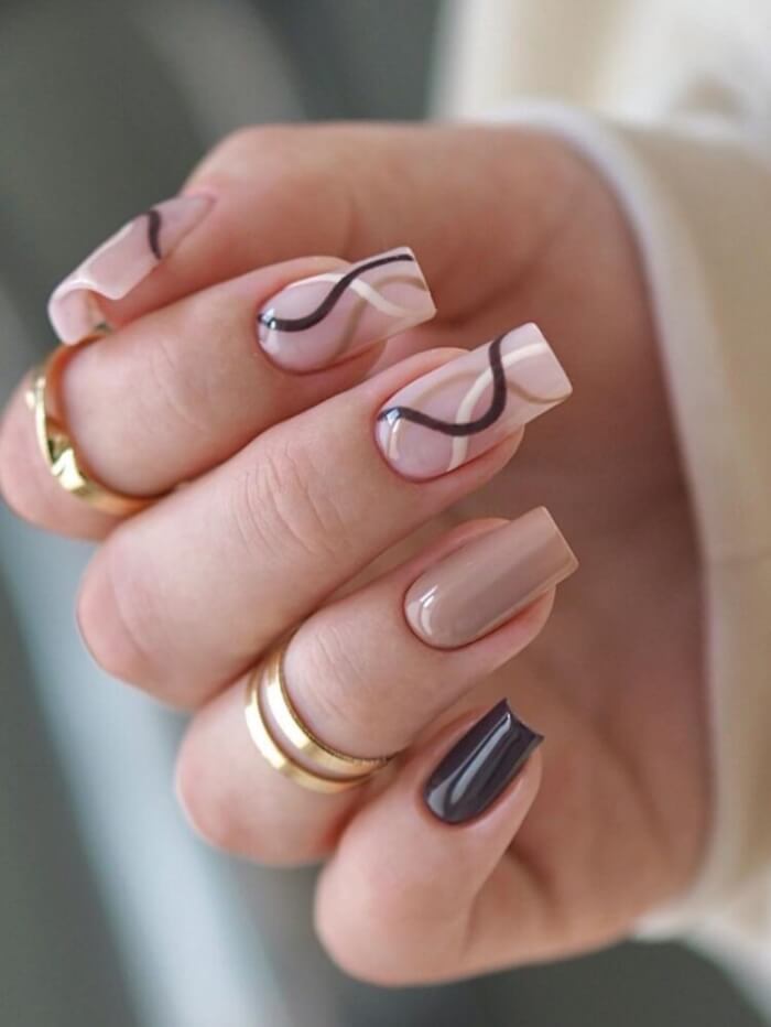 Soft Brown Swirls on Square Nails 