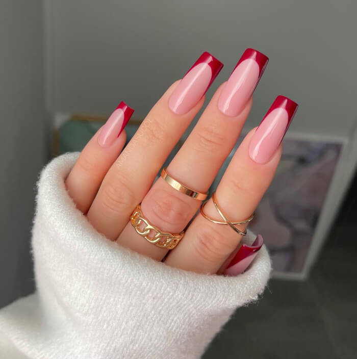 Burgundy Nails On French Tips 