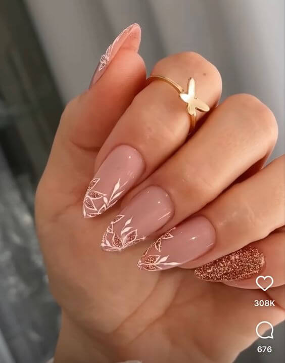 Gold Pink And White Nails