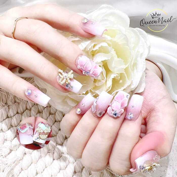 Pink And White Nails With Rhinestones