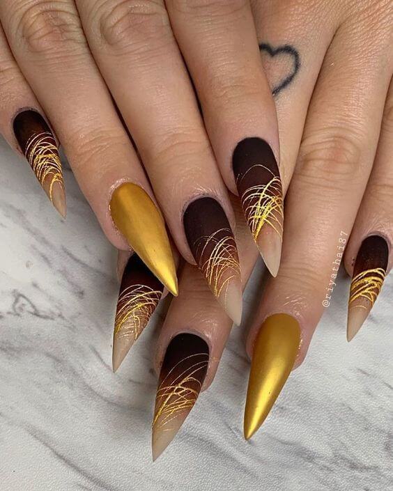 Brown And Gold Acrylic Nails