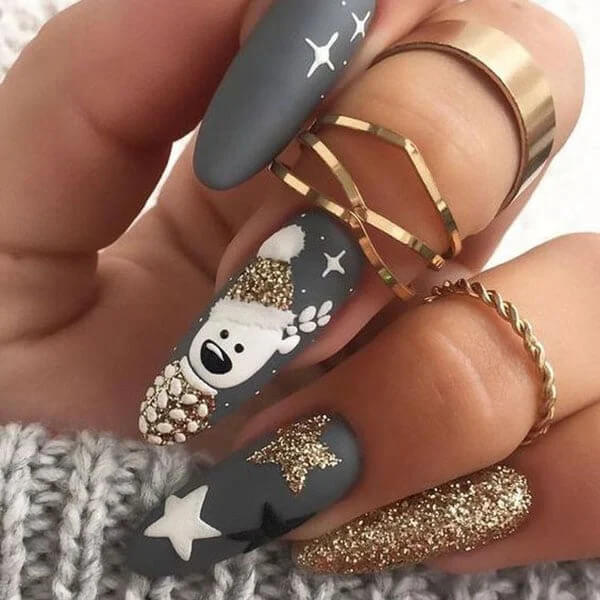 Grey, White, and Gold Christmas Nails