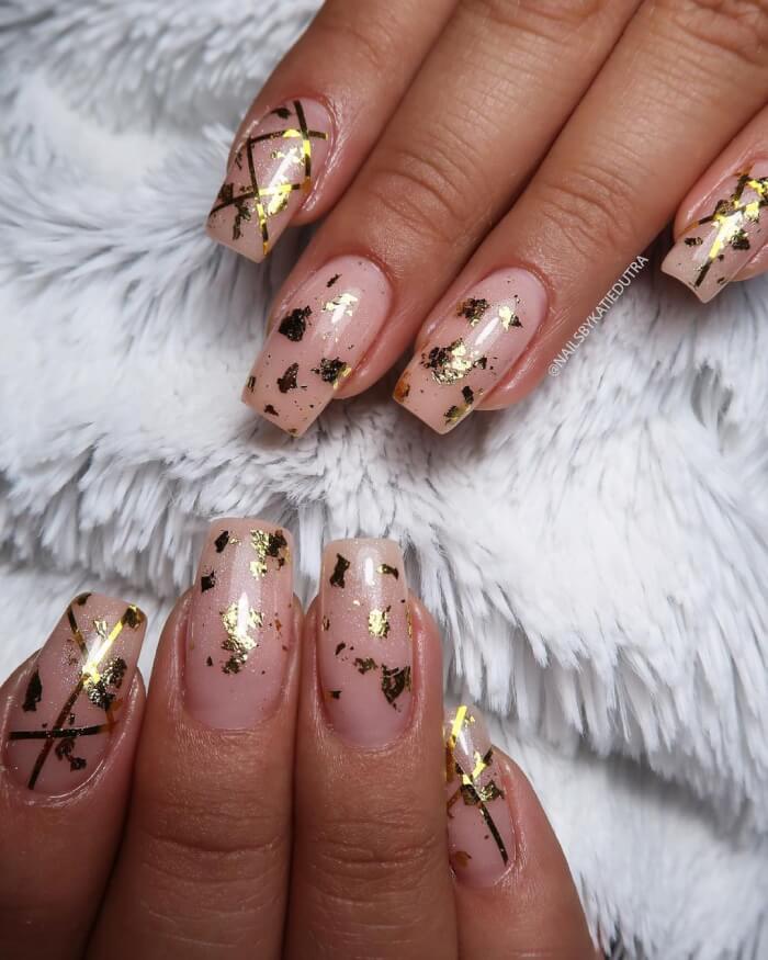 Clear Glossy Nails With Golden Accents