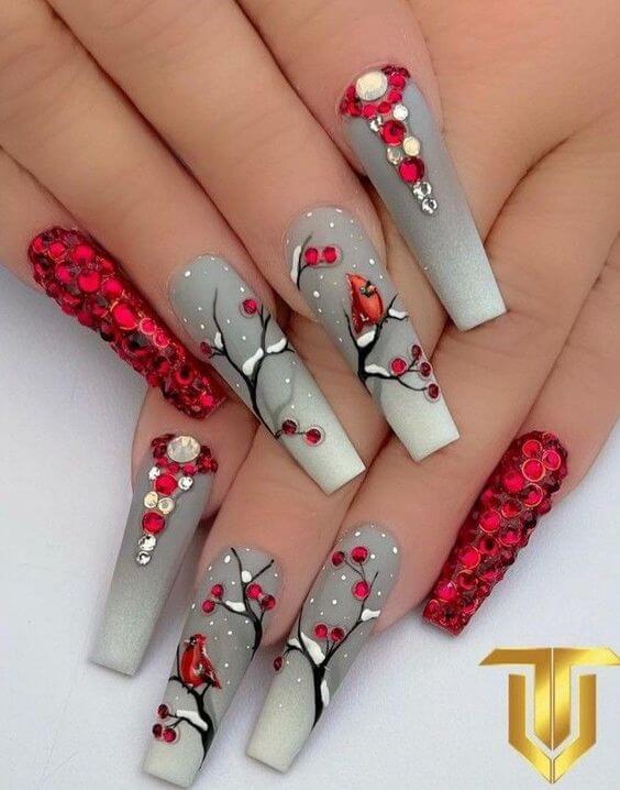 Red Acrylic Nails With Diamonds