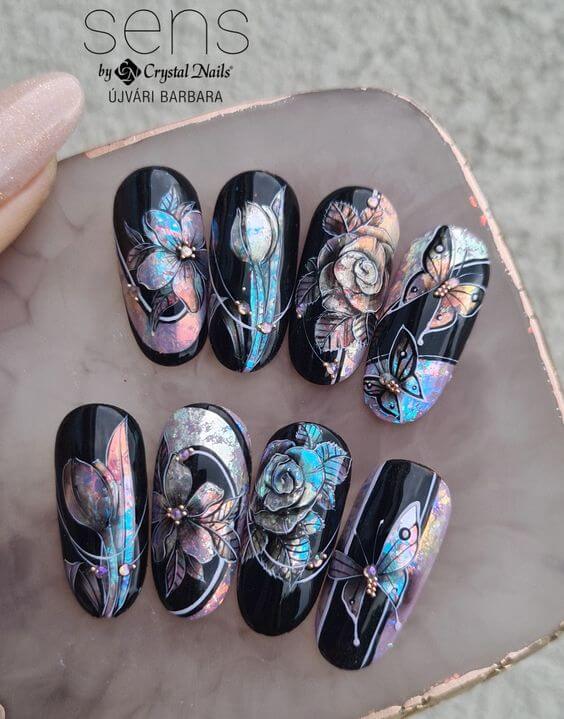 Dark Floral Nails