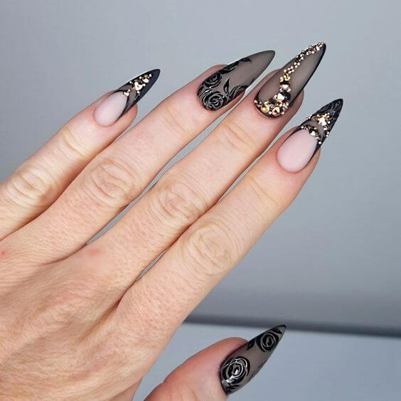 Black Floral Nails