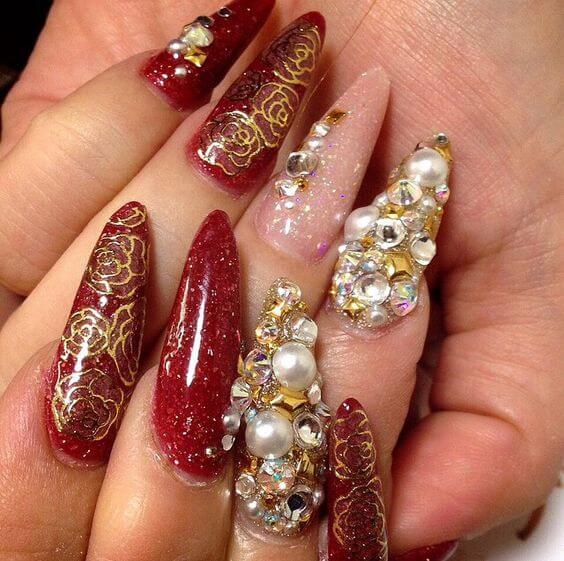 Acrylic Red And Gold Nails