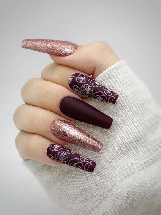 Dark Red And Gold Nails