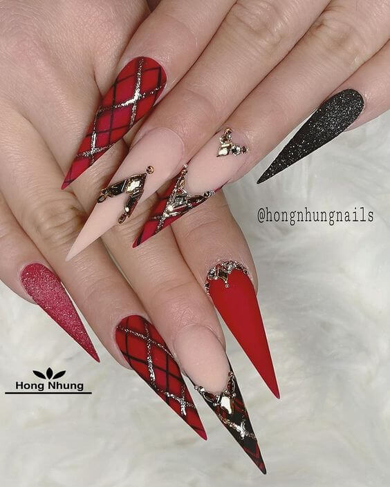 Red And Gold Stiletto Nails