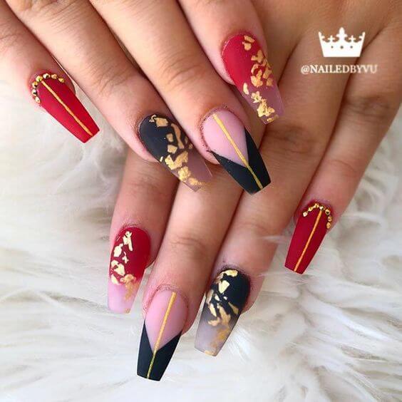 Red Nails With Gold Line