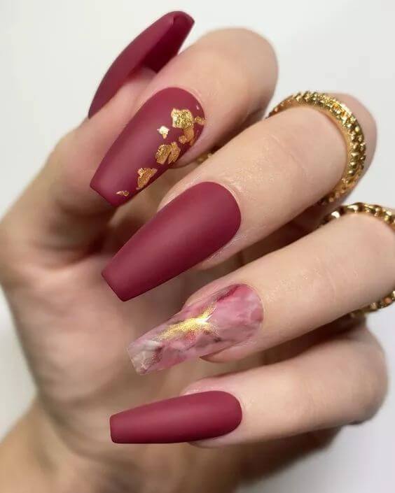 Red Nails With Gold Flakes