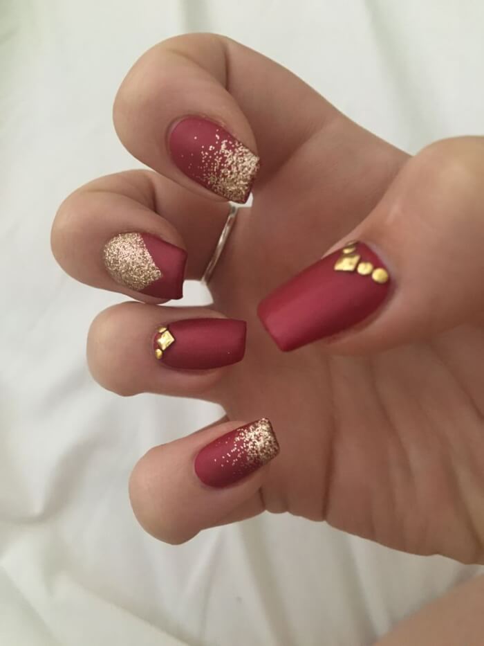 Matte Red And Gold Nails